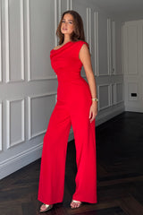 Donna Asymmetric Neckline Jumpsuit Red