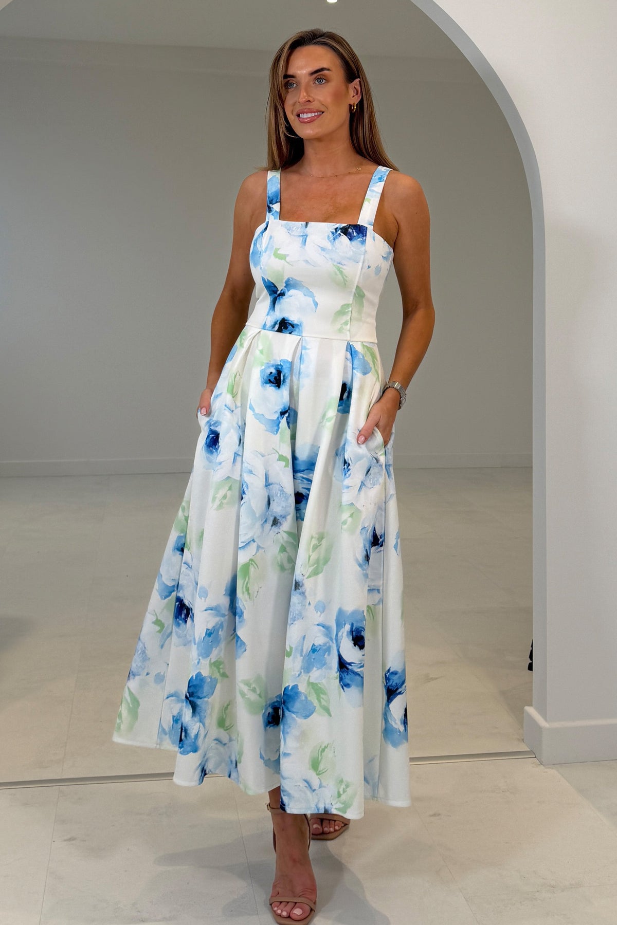 Heather Blue Floral Pleated Midi Dress