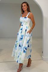 Heather Blue Floral Pleated Midi Dress
