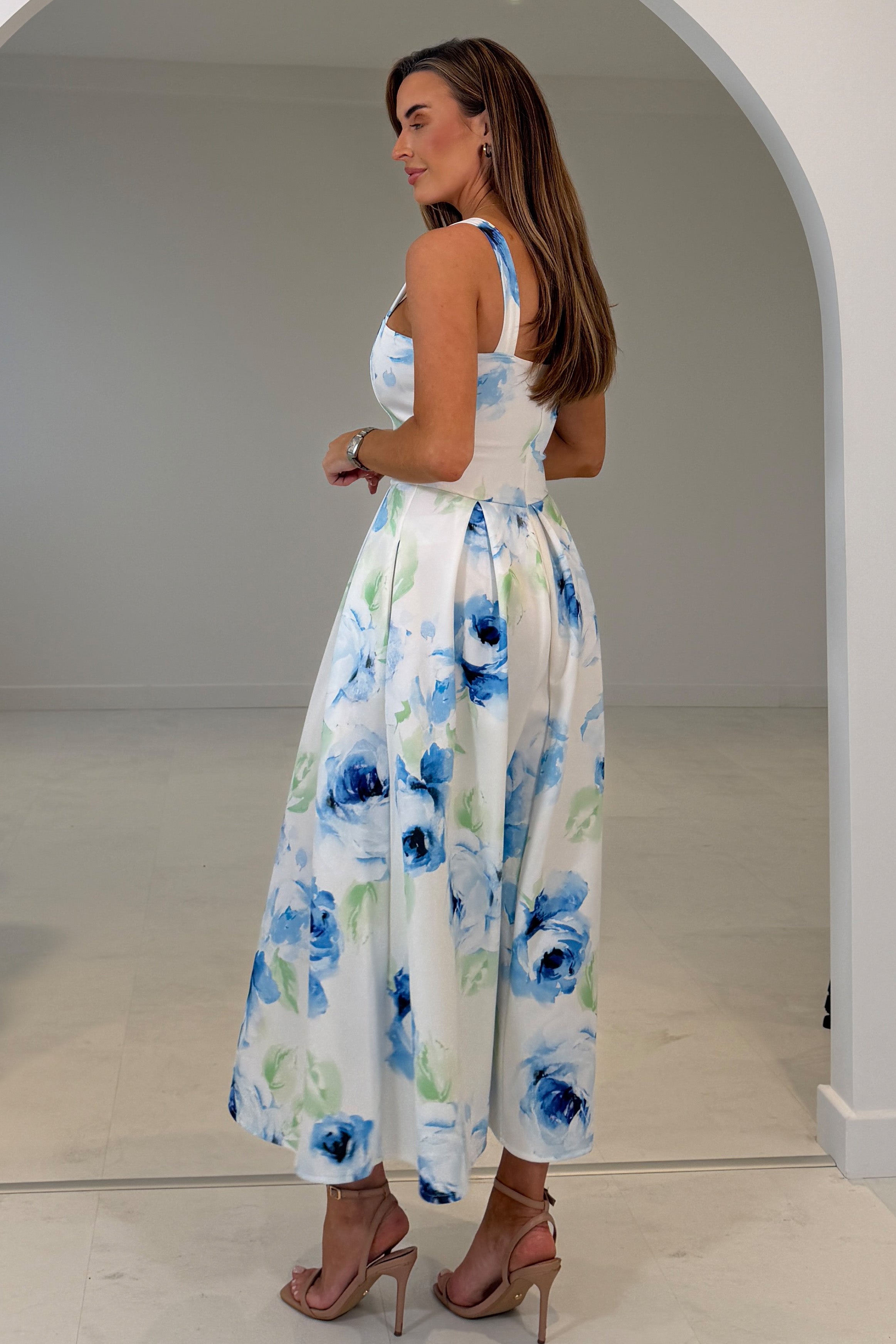 Heather Blue Floral Pleated Midi Dress