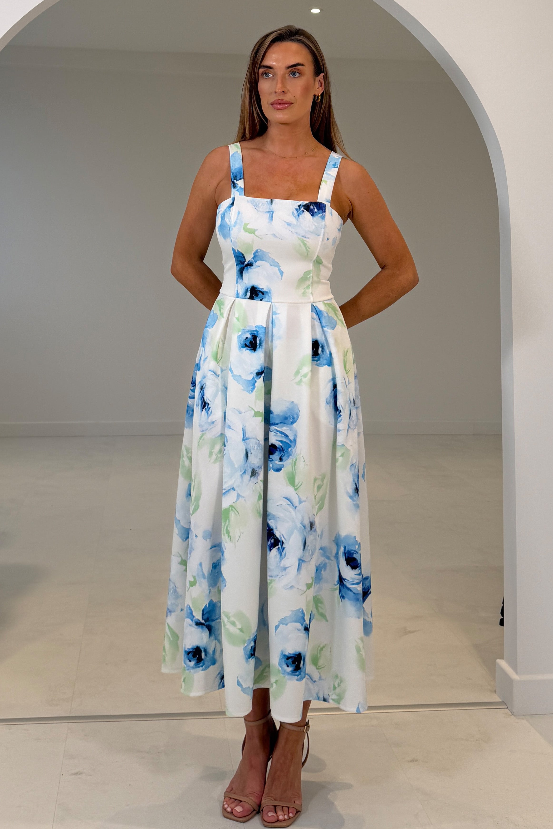 Heather Blue Floral Pleated Midi Dress