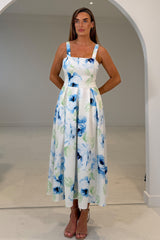 Heather Blue Floral Pleated Midi Dress