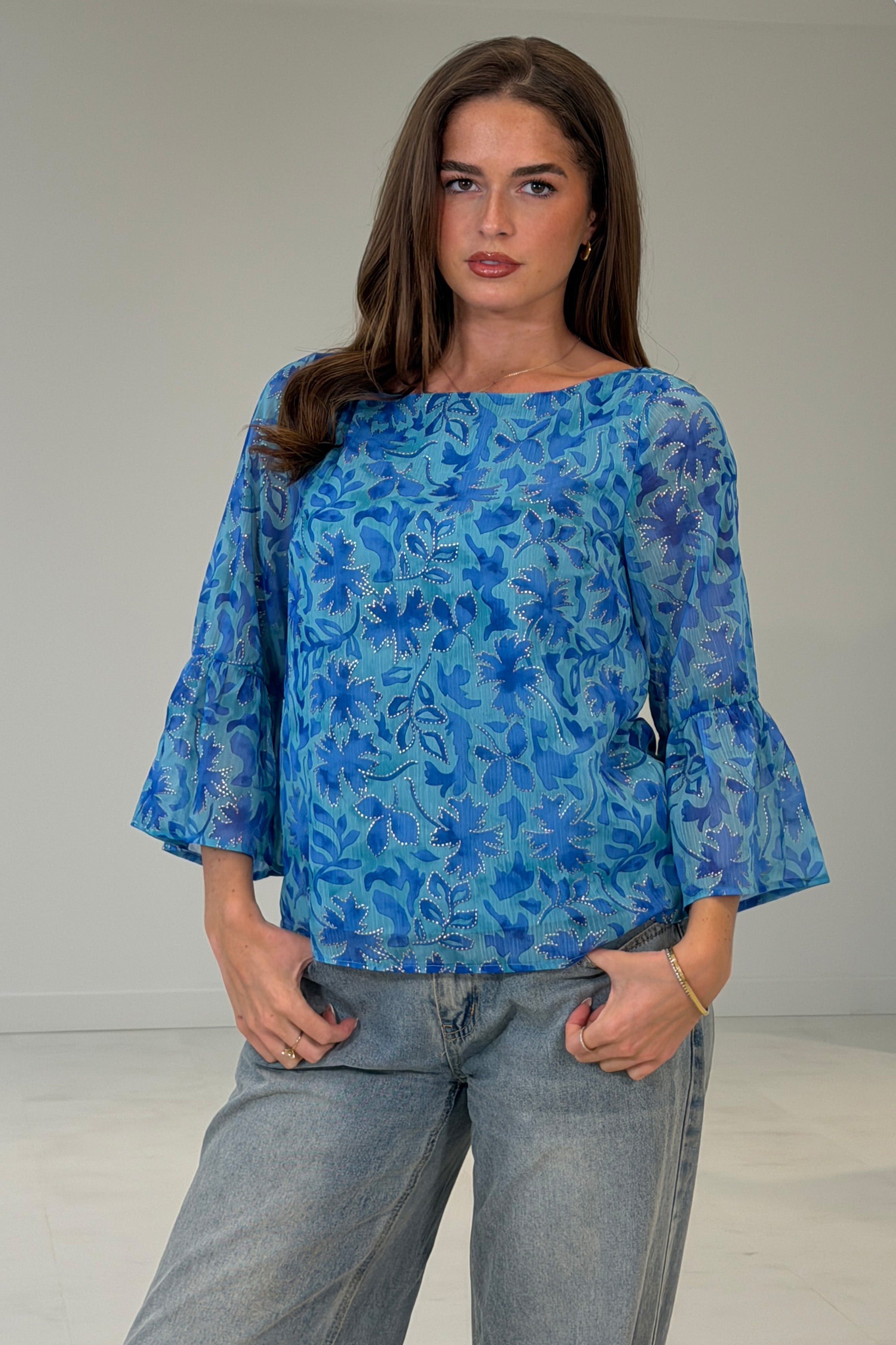 Deborah Frill Sleeve Round Neck Blouse Blue
