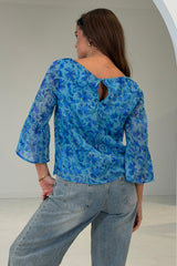 Deborah Frill Sleeve Round Neck Blouse Blue