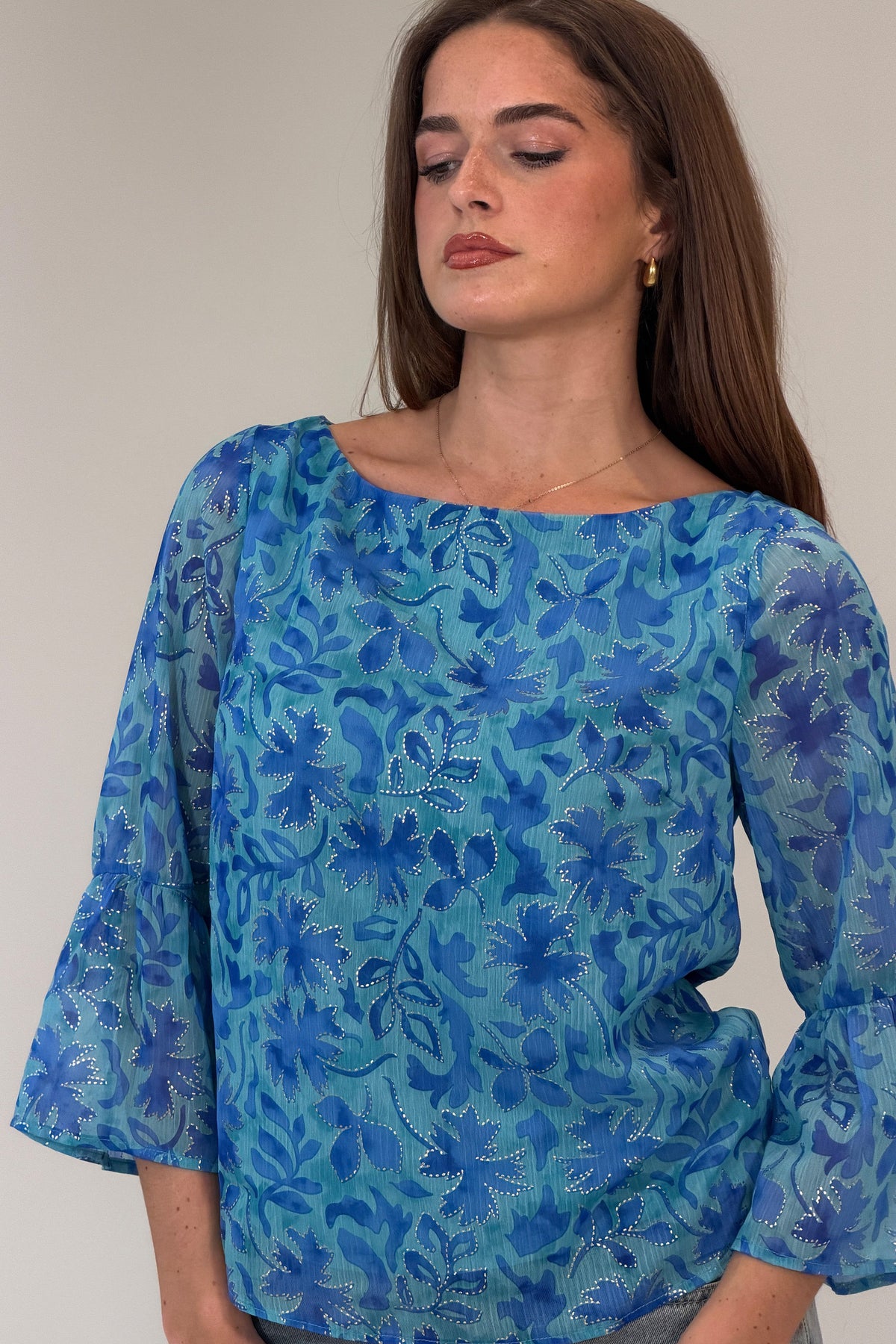 Deborah Frill Sleeve Round Neck Blouse Blue