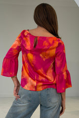Deborah Frill Sleeve Round Neck Blouse Red