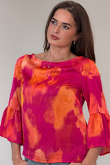 Deborah Frill Sleeve Round Neck Blouse Red