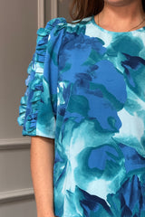 Asher Blue Floral Print Frill Sleeve Top