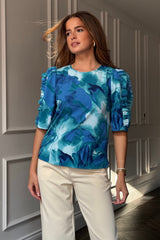 Asher Blue Floral Print Frill Sleeve Top