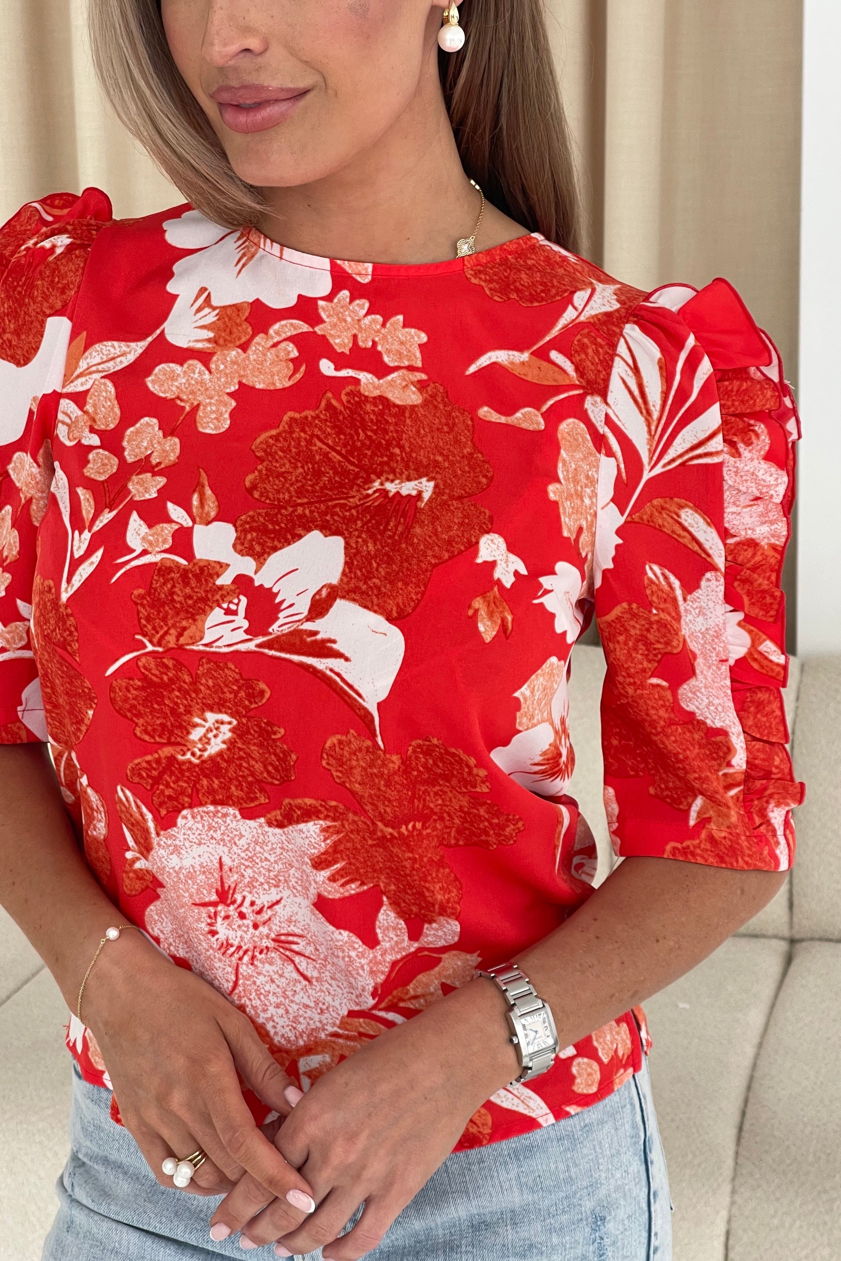 Asher Red Floral Print Frill Sleeve Top