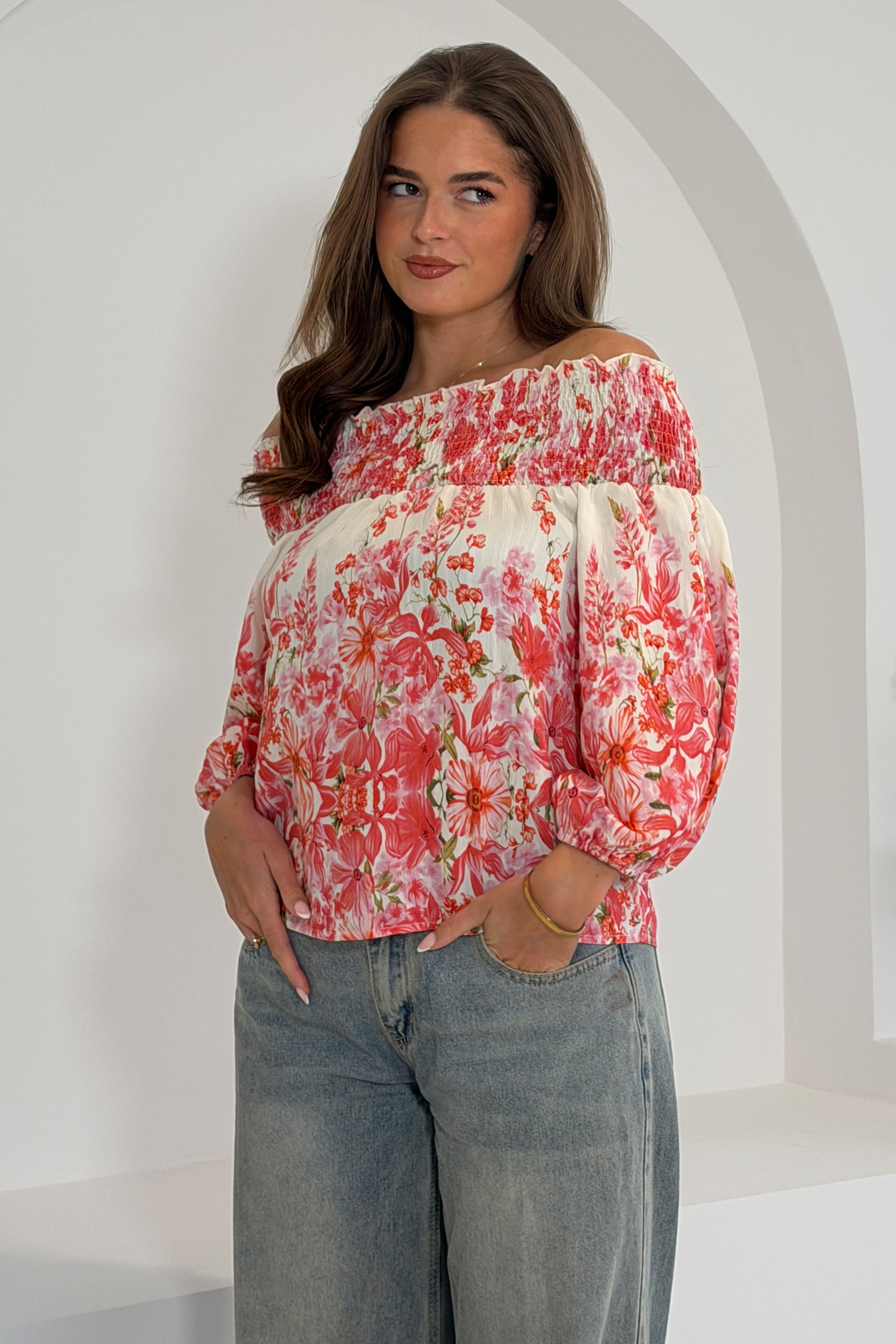 Candace Shirred Bardot Pink Floral Top