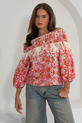 Candace Shirred Bardot Pink Floral Top