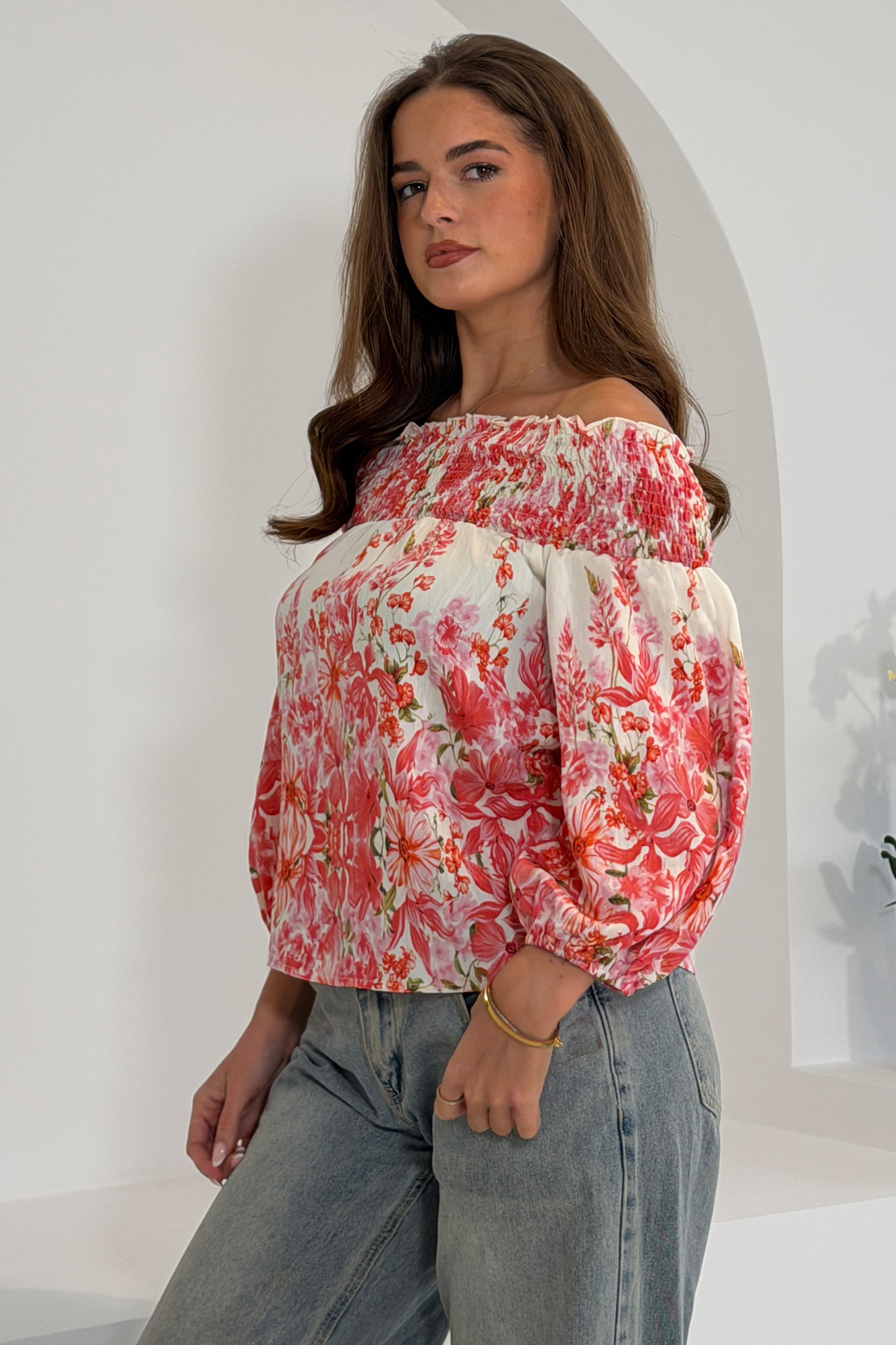 Candace Shirred Bardot Pink Floral Top