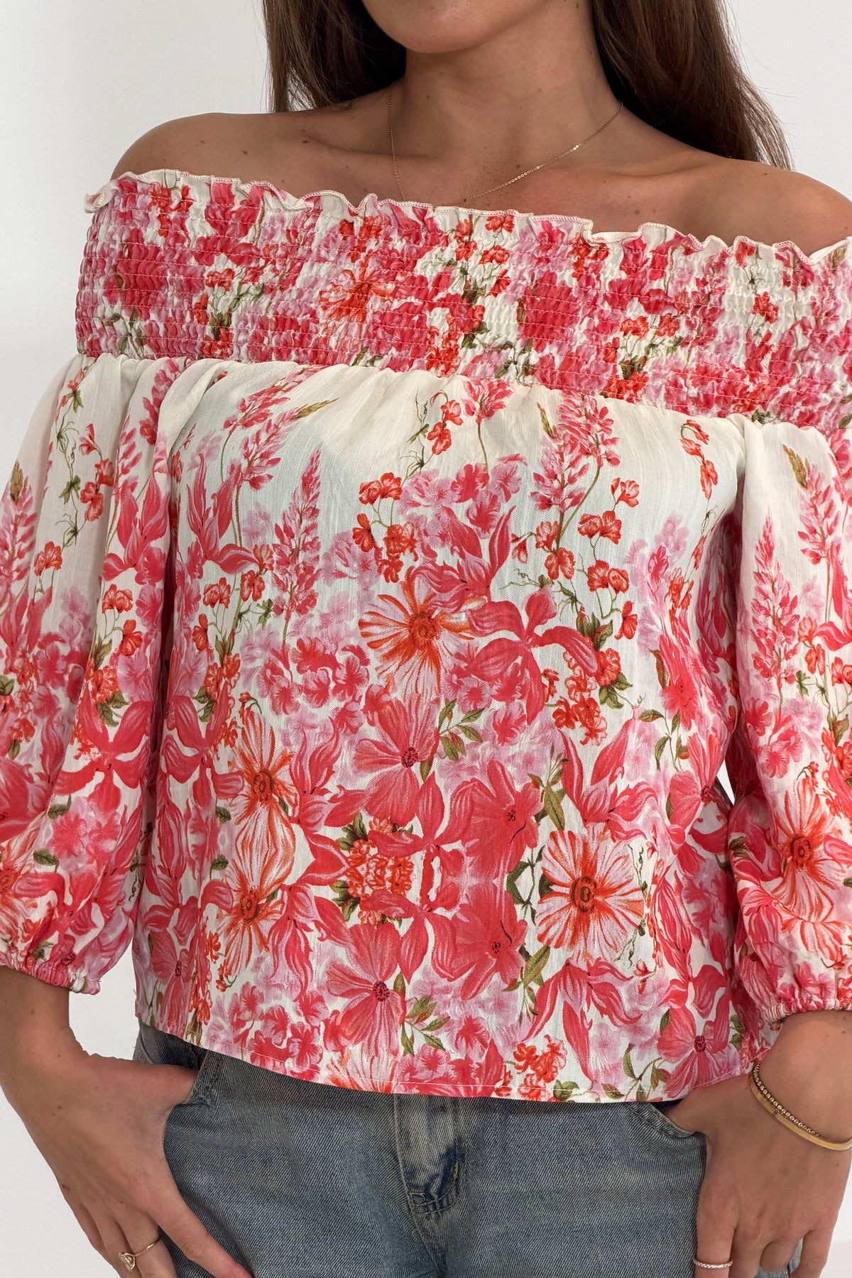 Candace Shirred Bardot Pink Floral Top