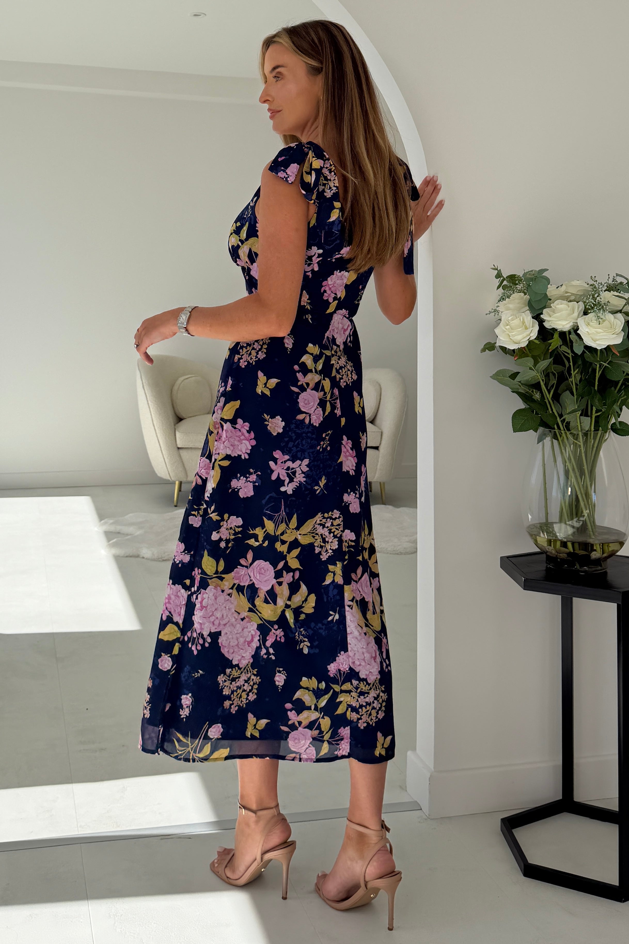 Beverly Floral Tie Shoulder Midi Navy