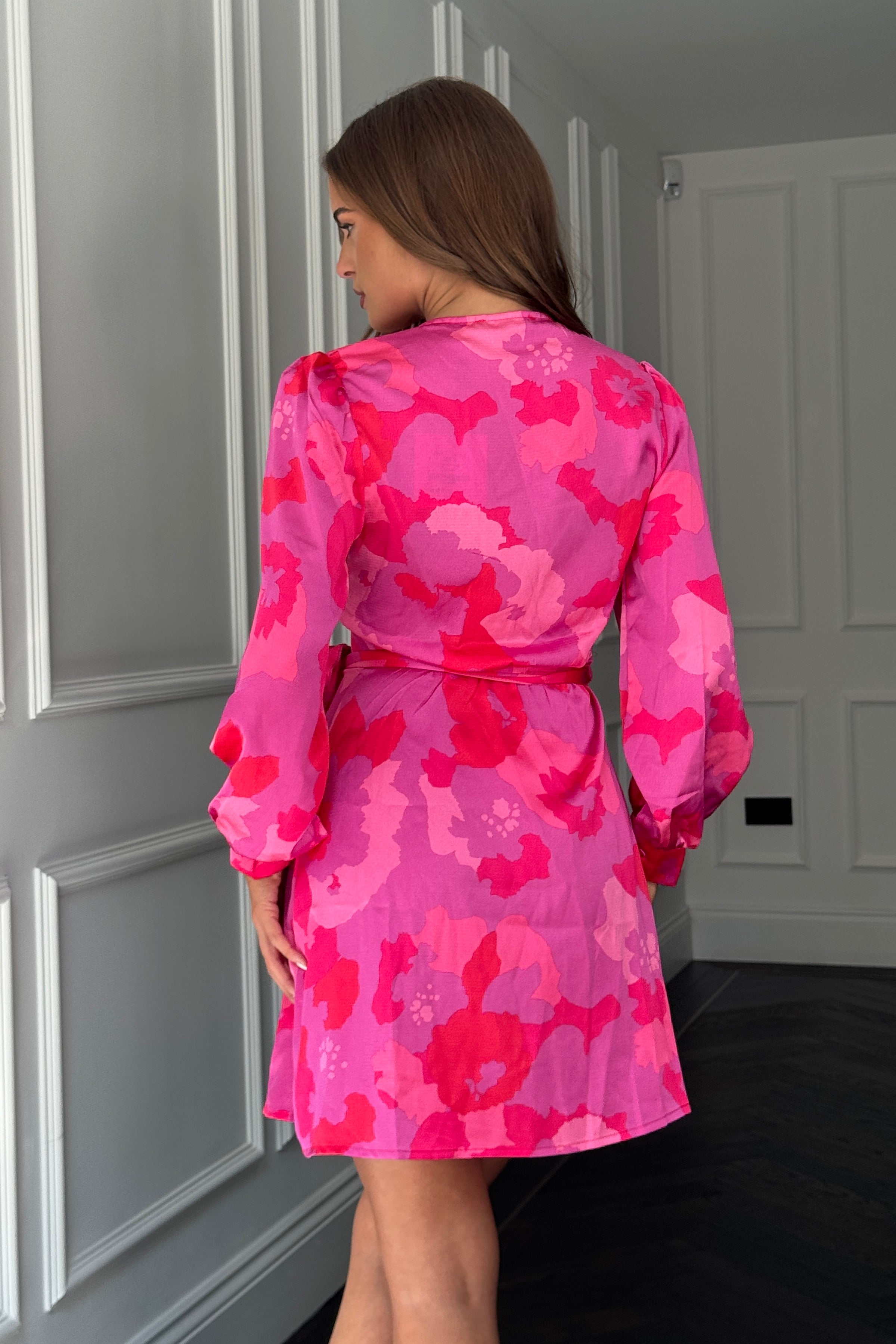 Jenny Long Sleeve Wrap Mini Dress Pink Floral