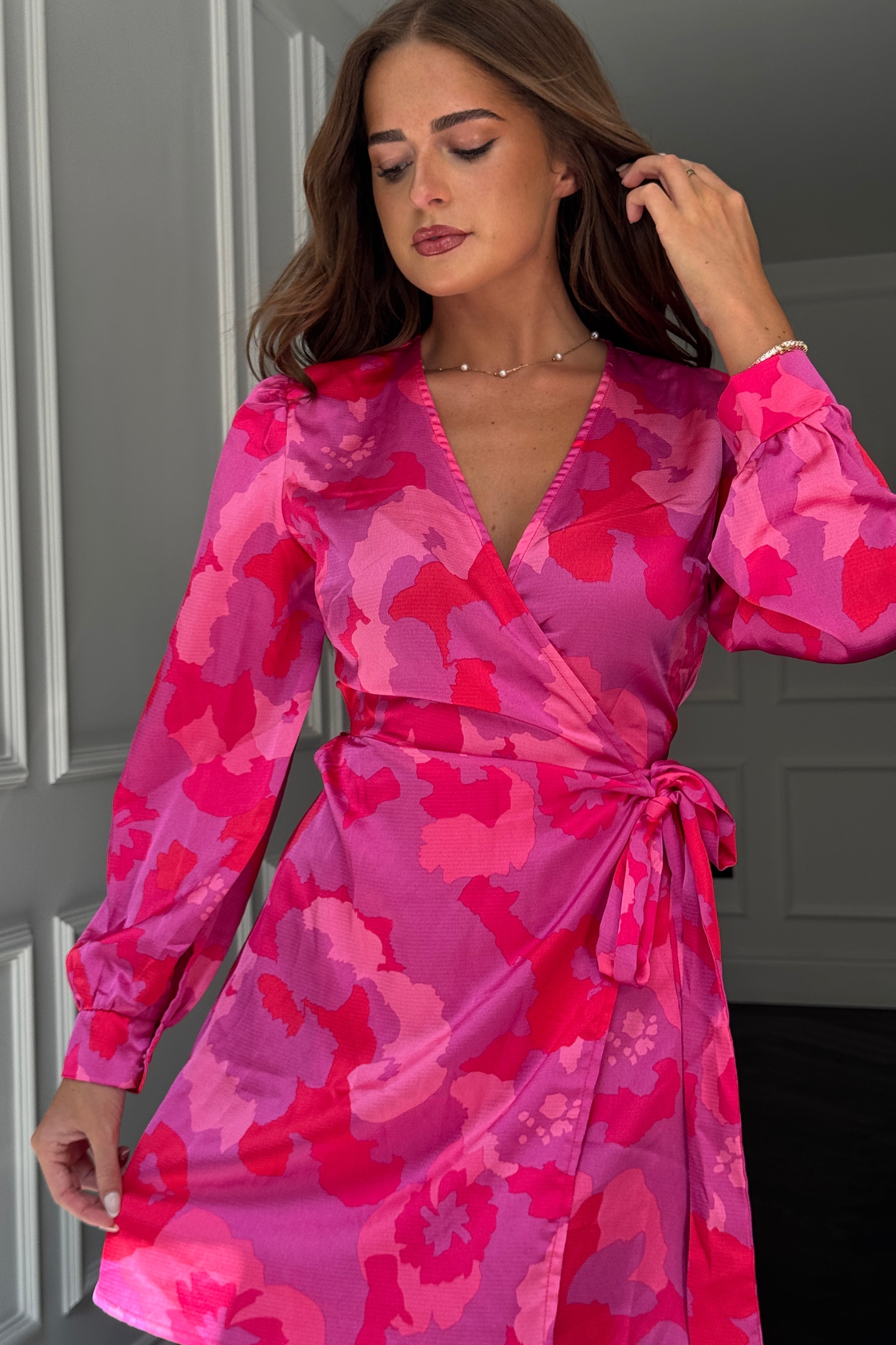 Jenny Long Sleeve Wrap Mini Dress Pink Floral