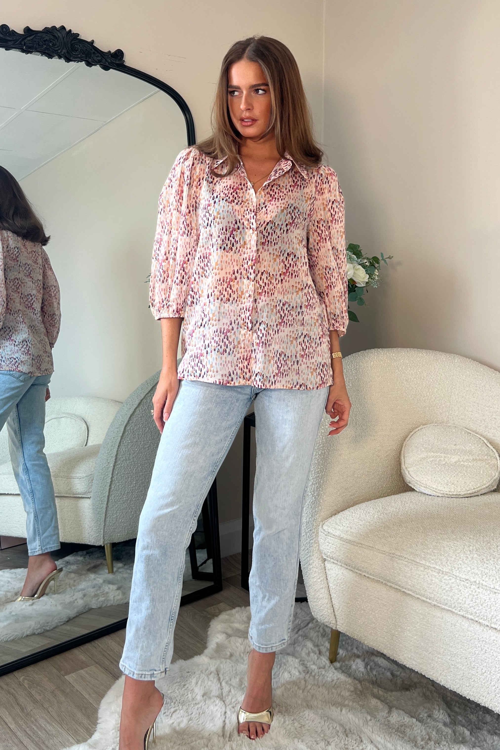 Jax Blush Foil Print Puff Sleeve Shirt