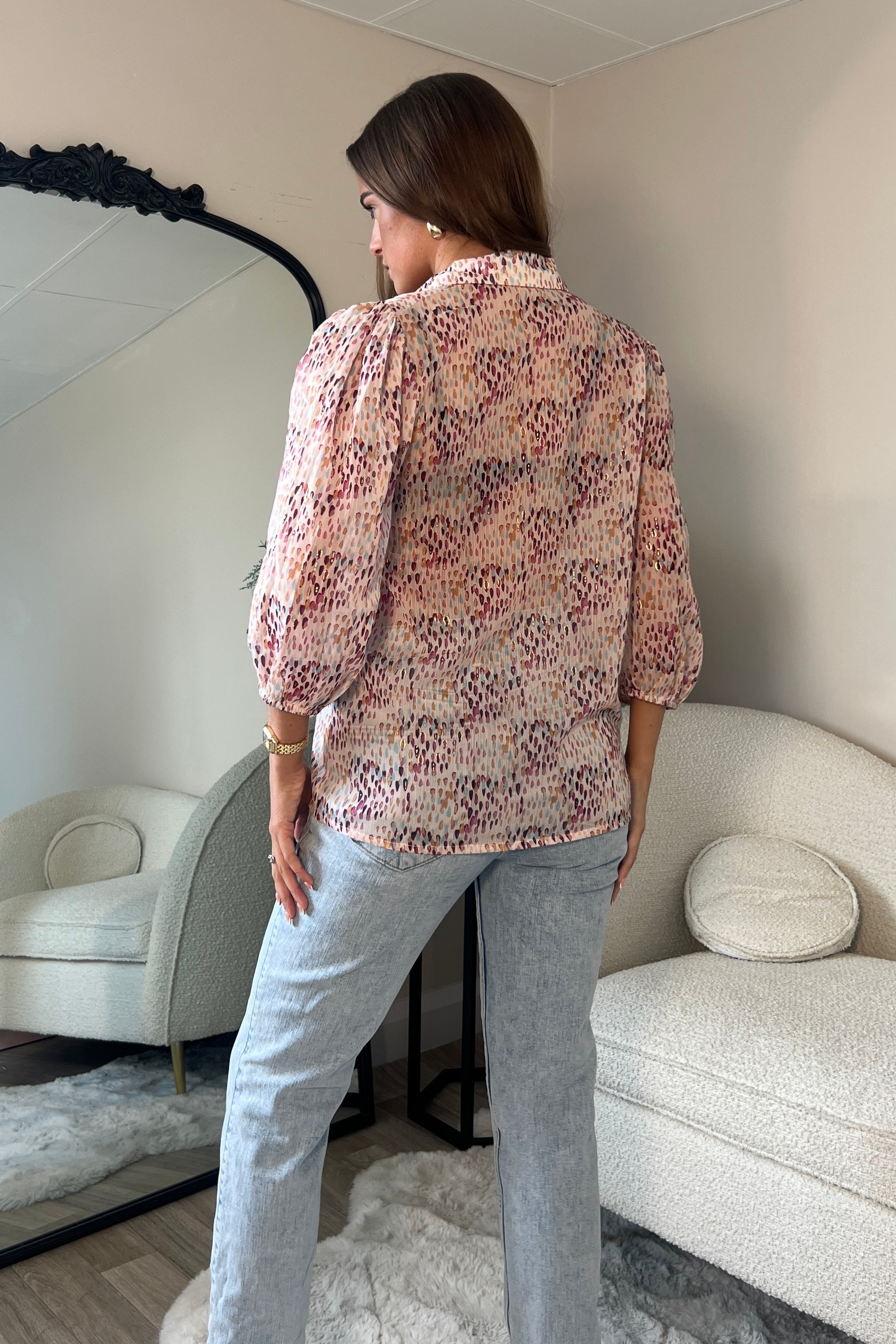 Jax Blush Foil Print Puff Sleeve Shirt