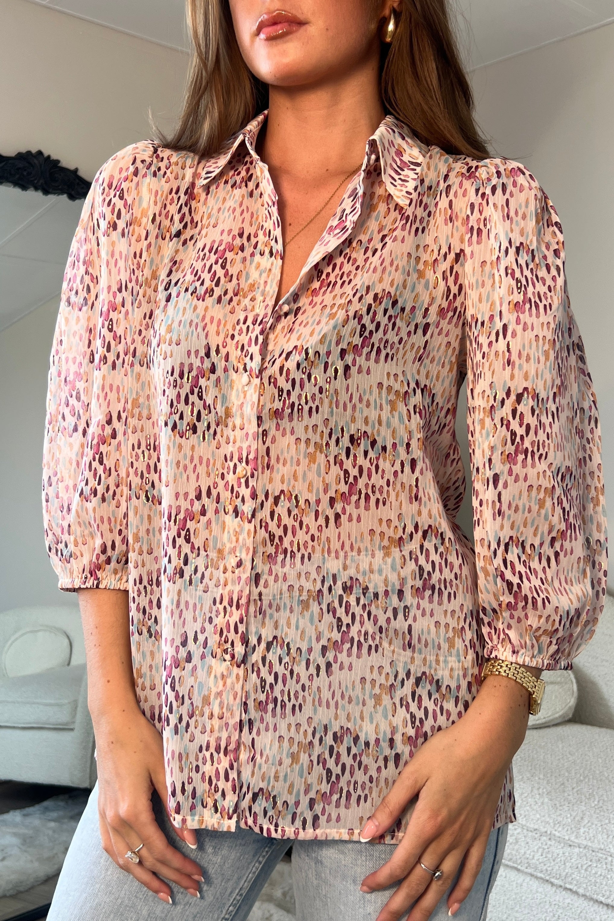 Jax Blush Foil Print Puff Sleeve Shirt