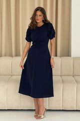 Aileen Ruched Detail Puff Sleeve Midi Dress Navy