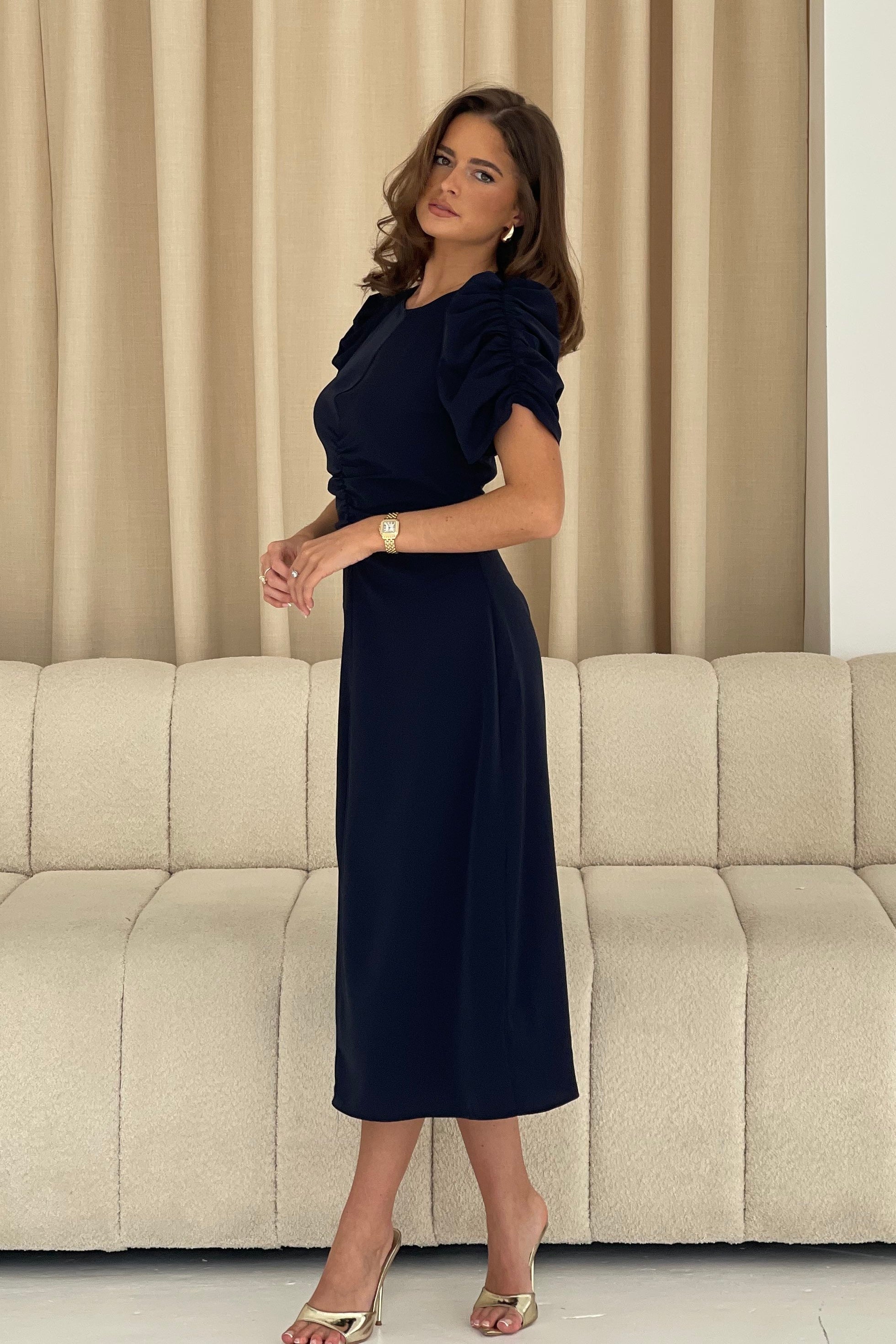 Aileen Ruched Detail Puff Sleeve Midi Dress Navy