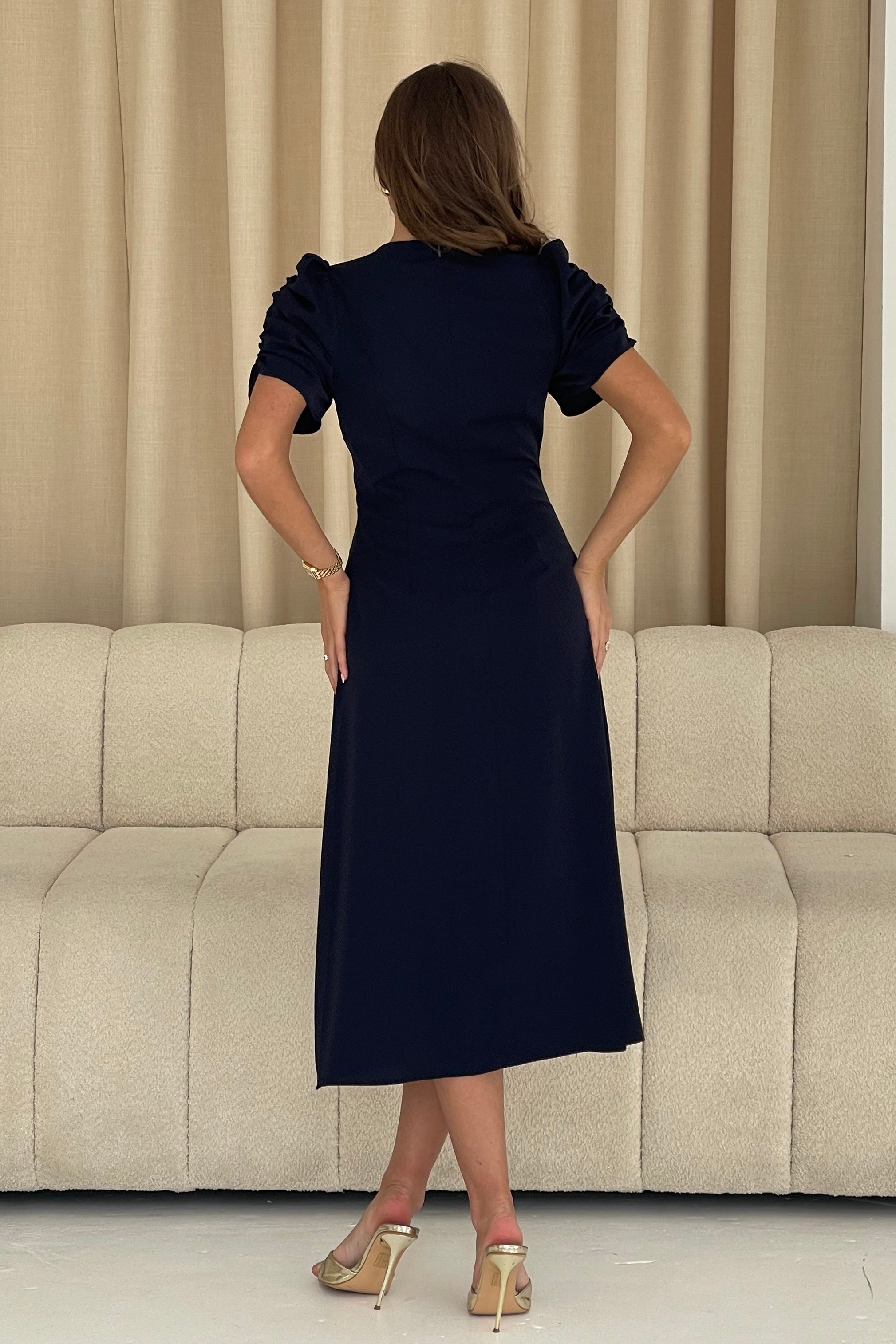 Aileen Ruched Detail Puff Sleeve Midi Dress Navy