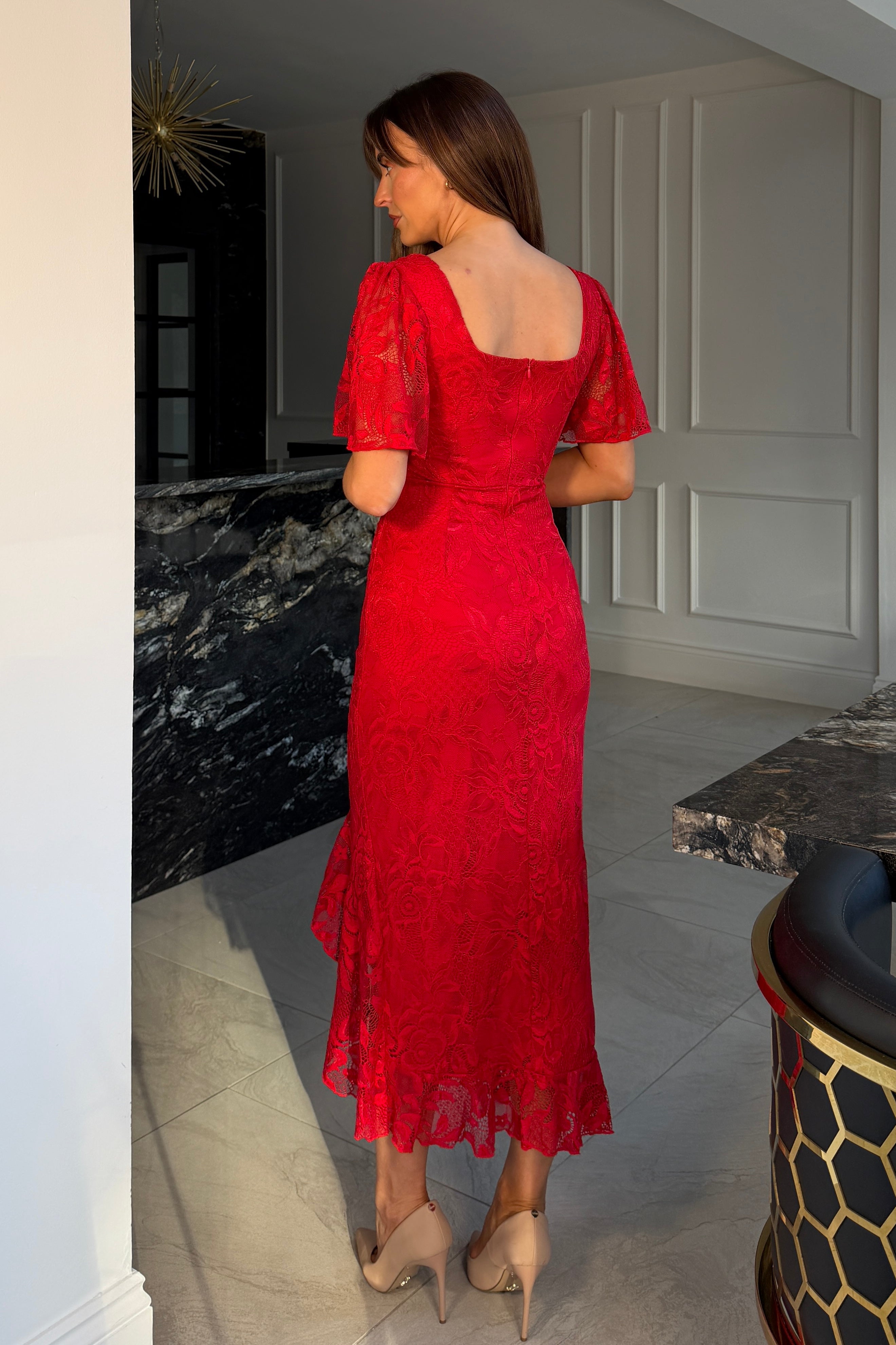 Heidi Red Lace Ruched Midi Dress