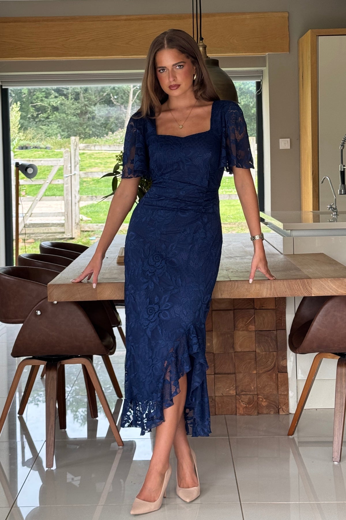 Heidi Navy Lace Ruched Midi Dress
