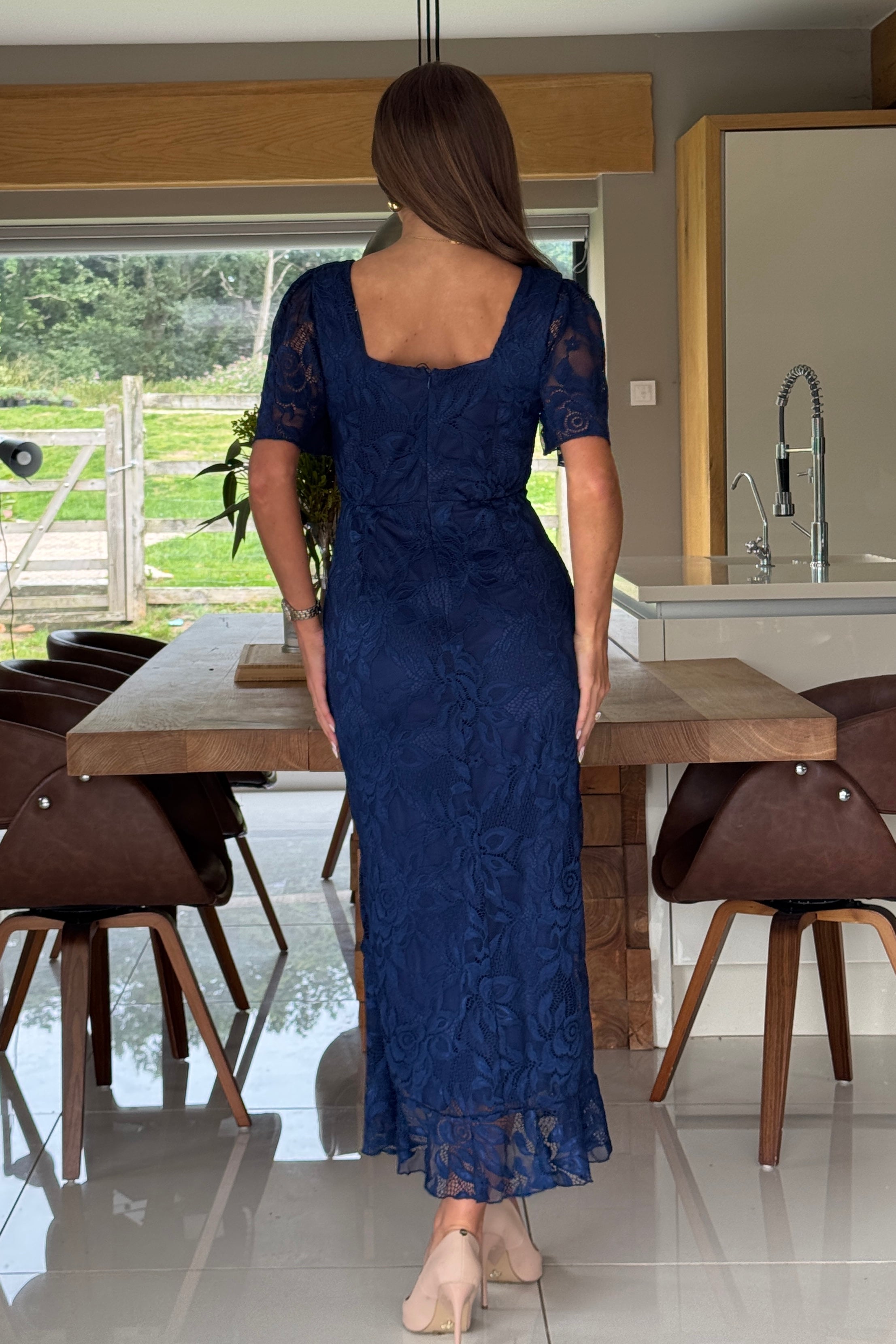 Heidi Navy Lace Ruched Midi Dress