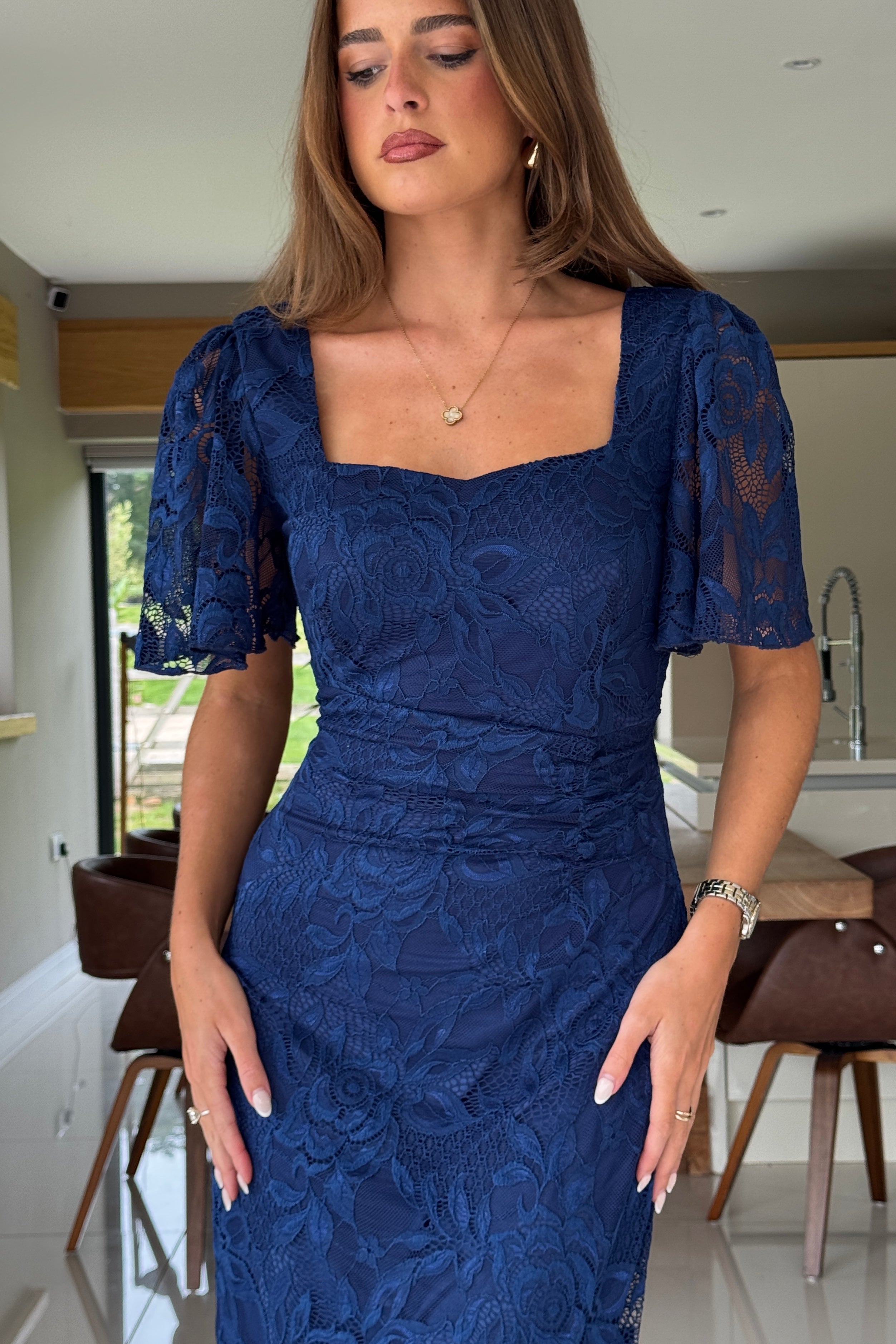 Heidi Navy Lace Ruched Midi Dress