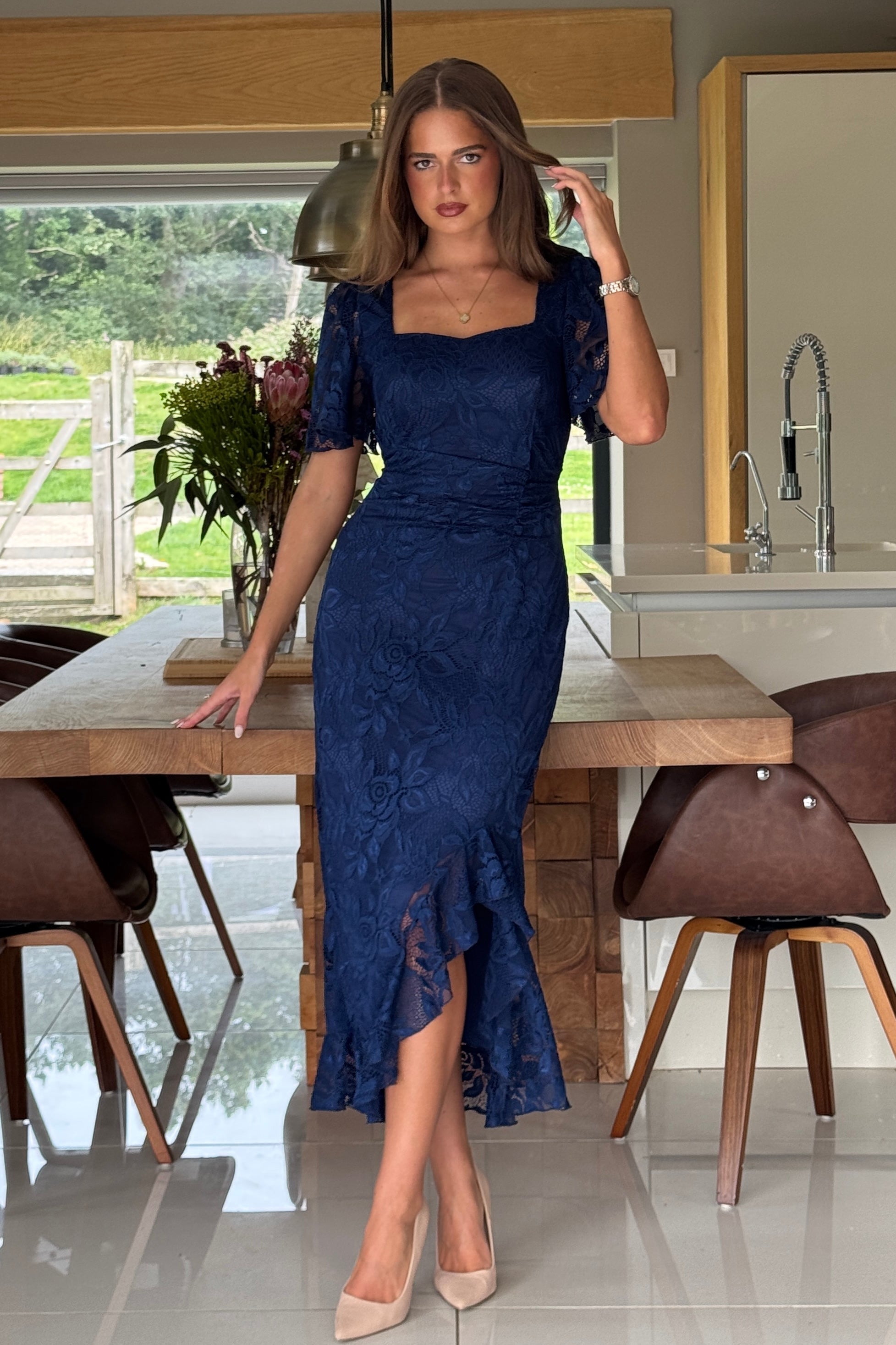 Heidi Navy Lace Ruched Midi Dress