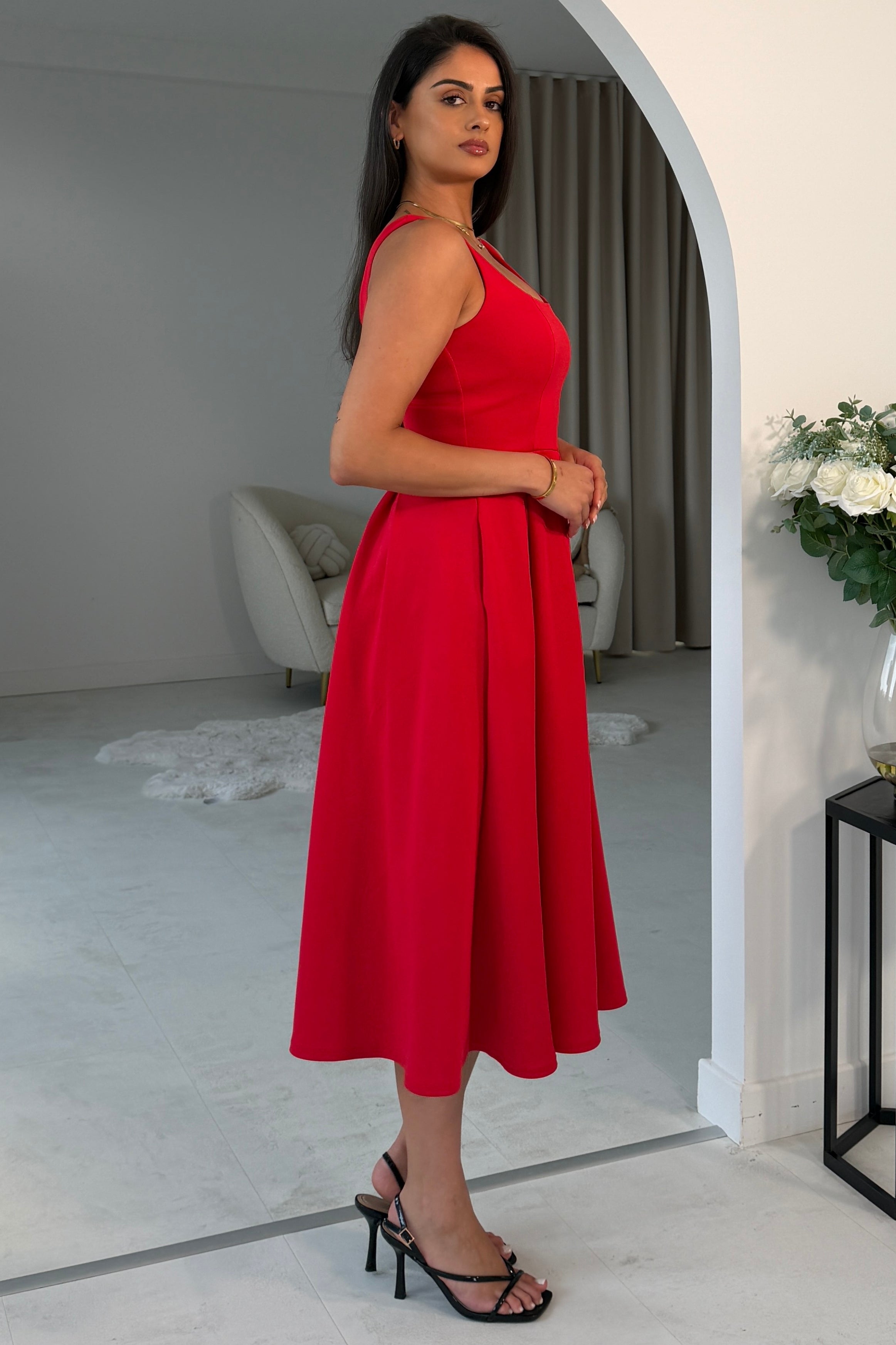 Erica Square Neck Pleated Midi Dress Red