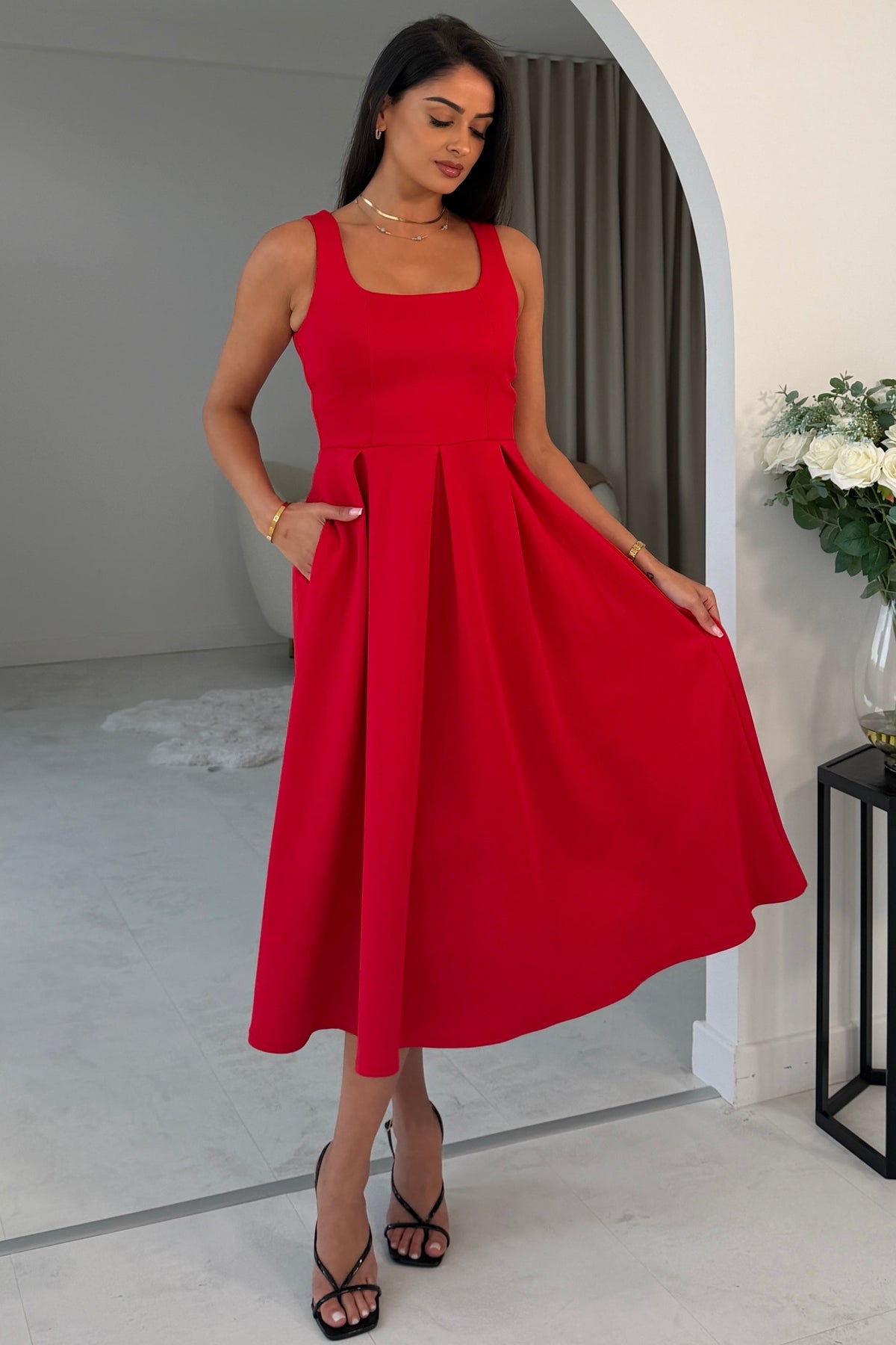 Erica Square Neck Pleated Midi Dress Red