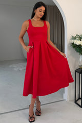 Erica Square Neck Pleated Midi Dress Red