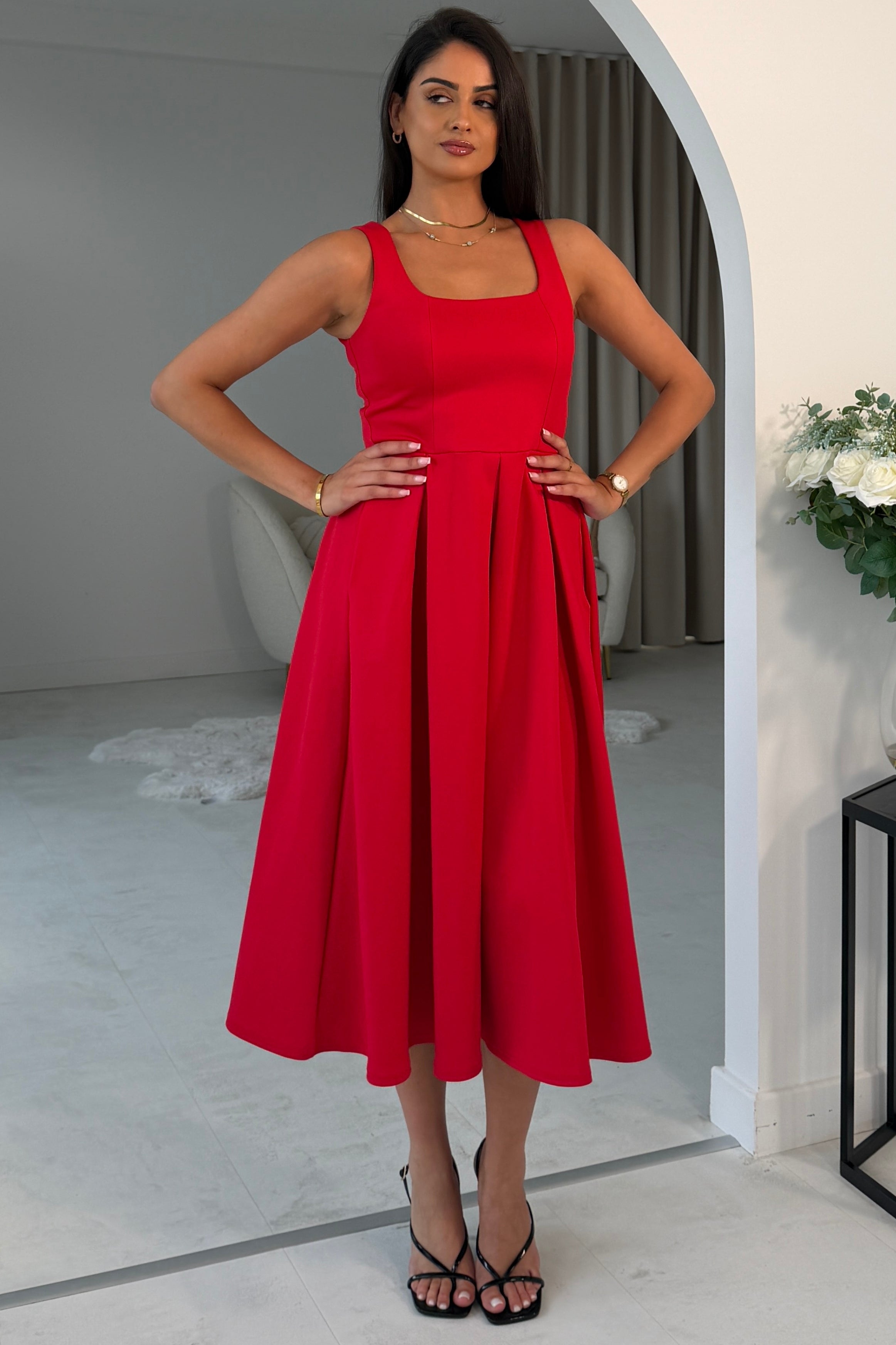 Erica Square Neck Pleated Midi Dress Red