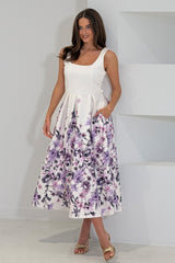 Erica Square Neck Pleated Midi Dress Floral print Ivory