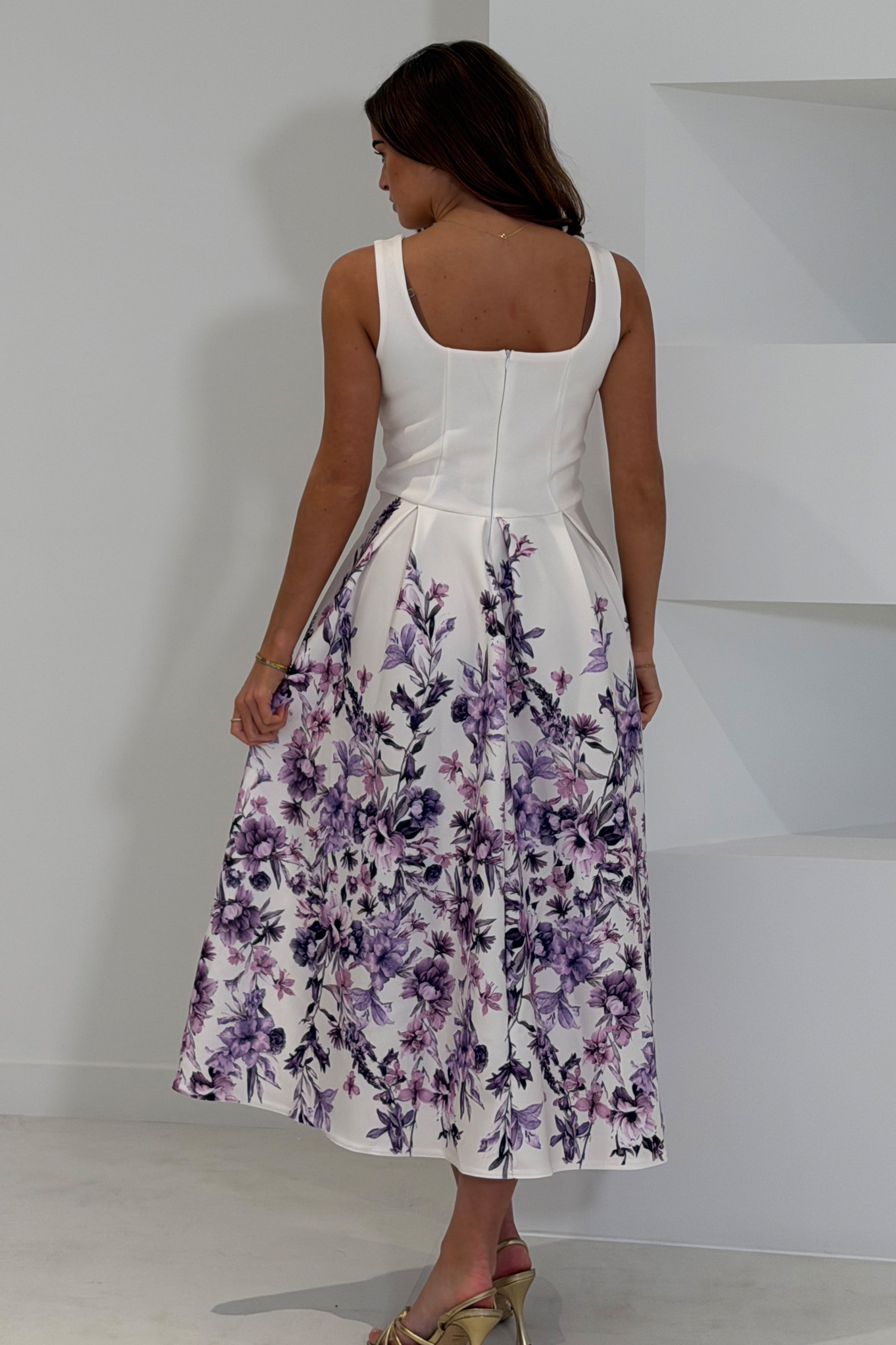 Erica Square Neck Pleated Midi Dress Floral print Ivory