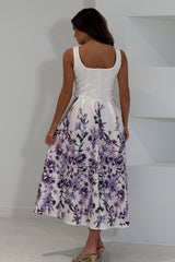 Erica Square Neck Pleated Midi Dress Floral print Ivory