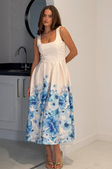 Erica Square Neck Pleated Midi Dress Floral Blue