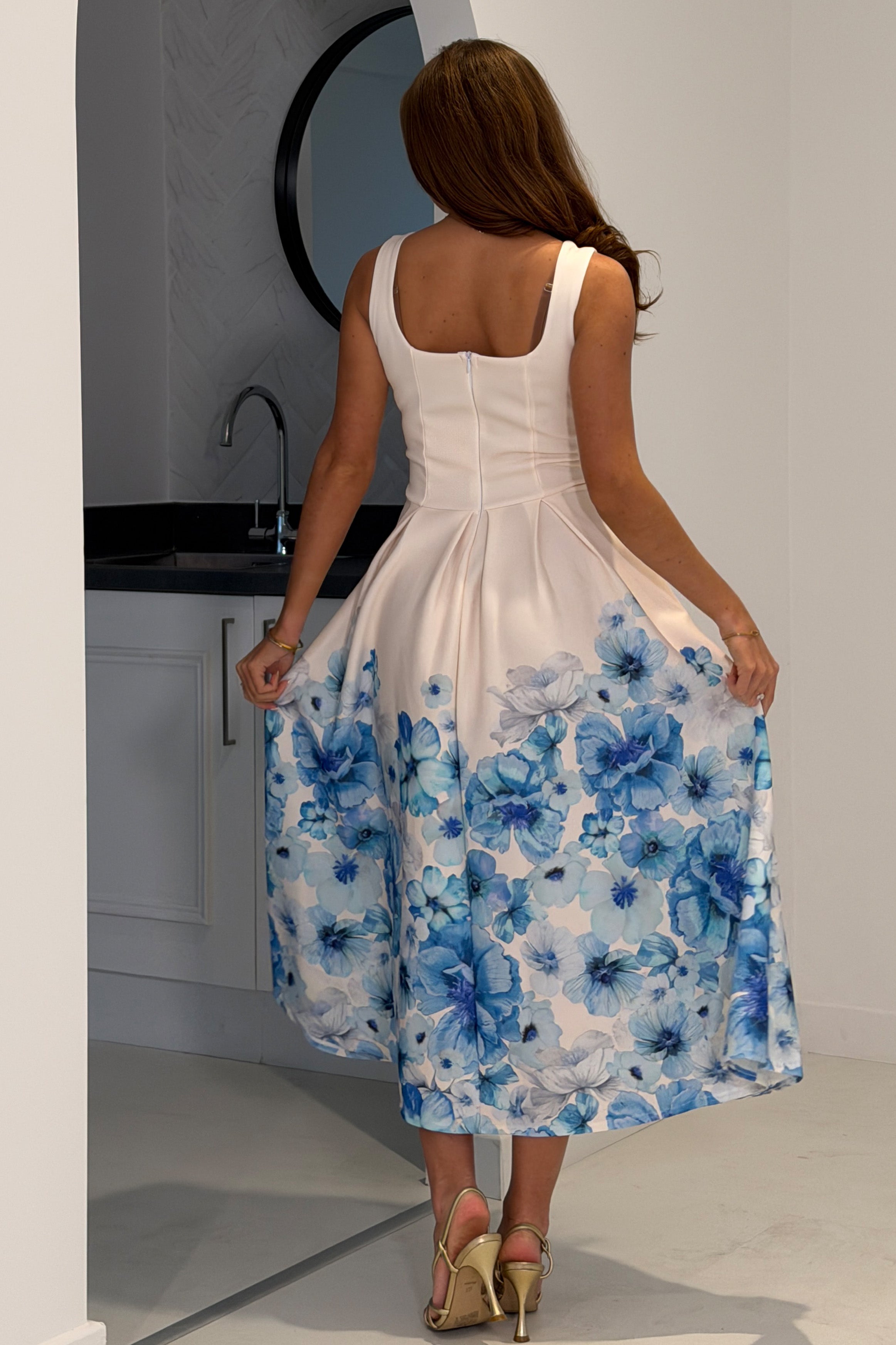 Erica Square Neck Pleated Midi Dress Floral Blue