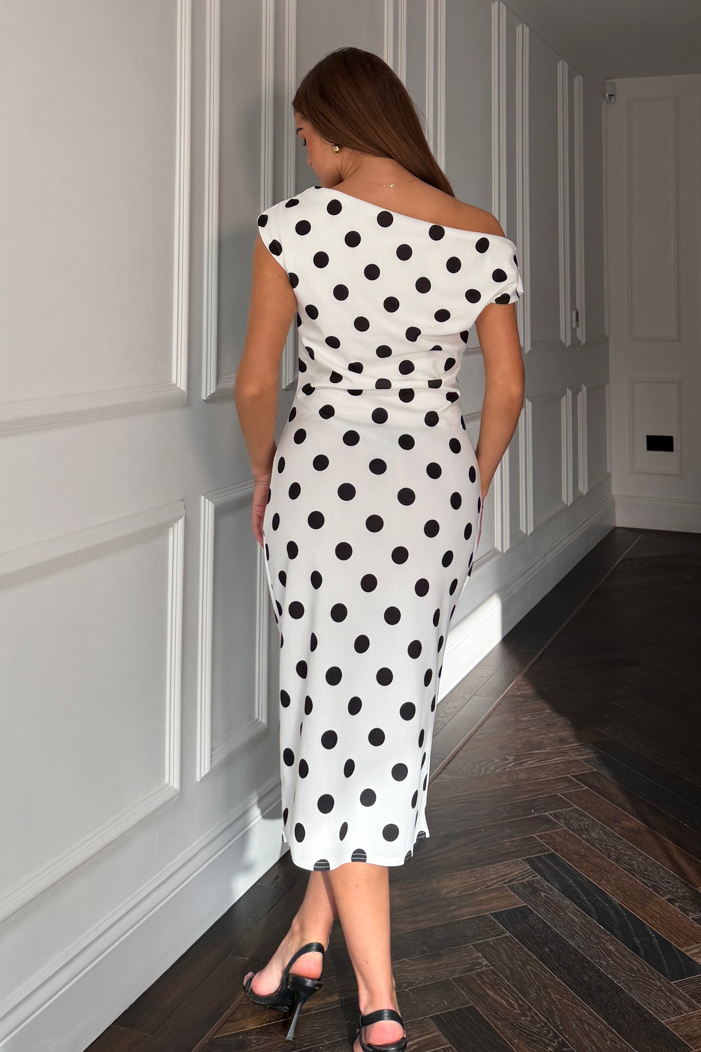 Ariana Asymmetric Neckline Midi Dress White Spot