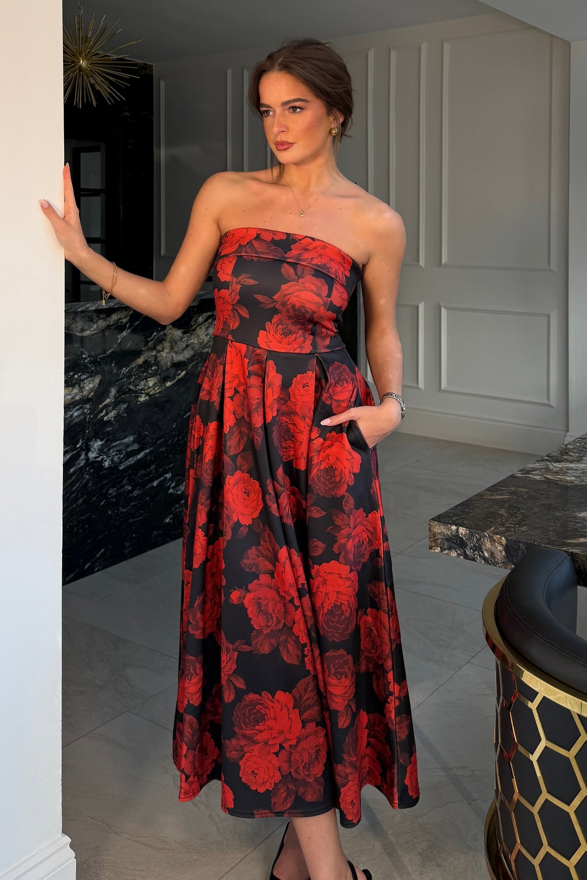 Danni Strapless Bandeau Midi Dress Red Floral