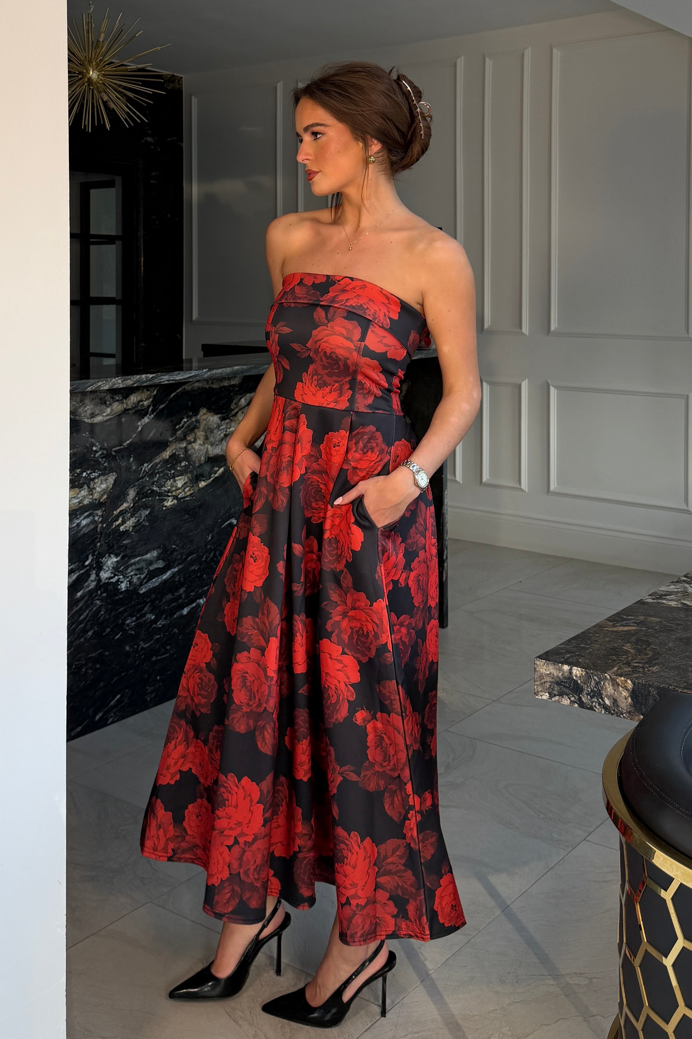 Danni Strapless Bandeau Midi Dress Red Floral