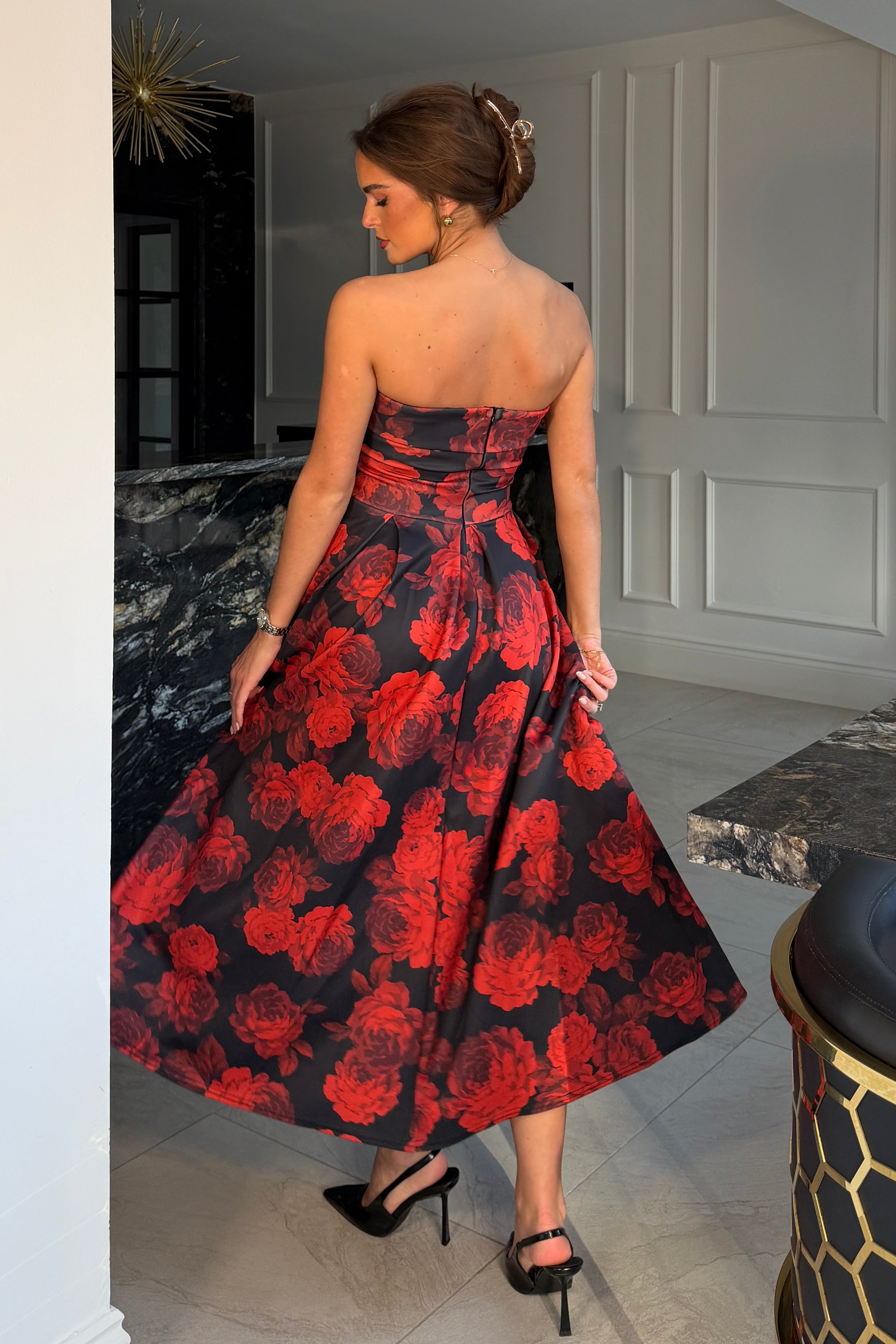 Danni Strapless Bandeau Midi Dress Red Floral
