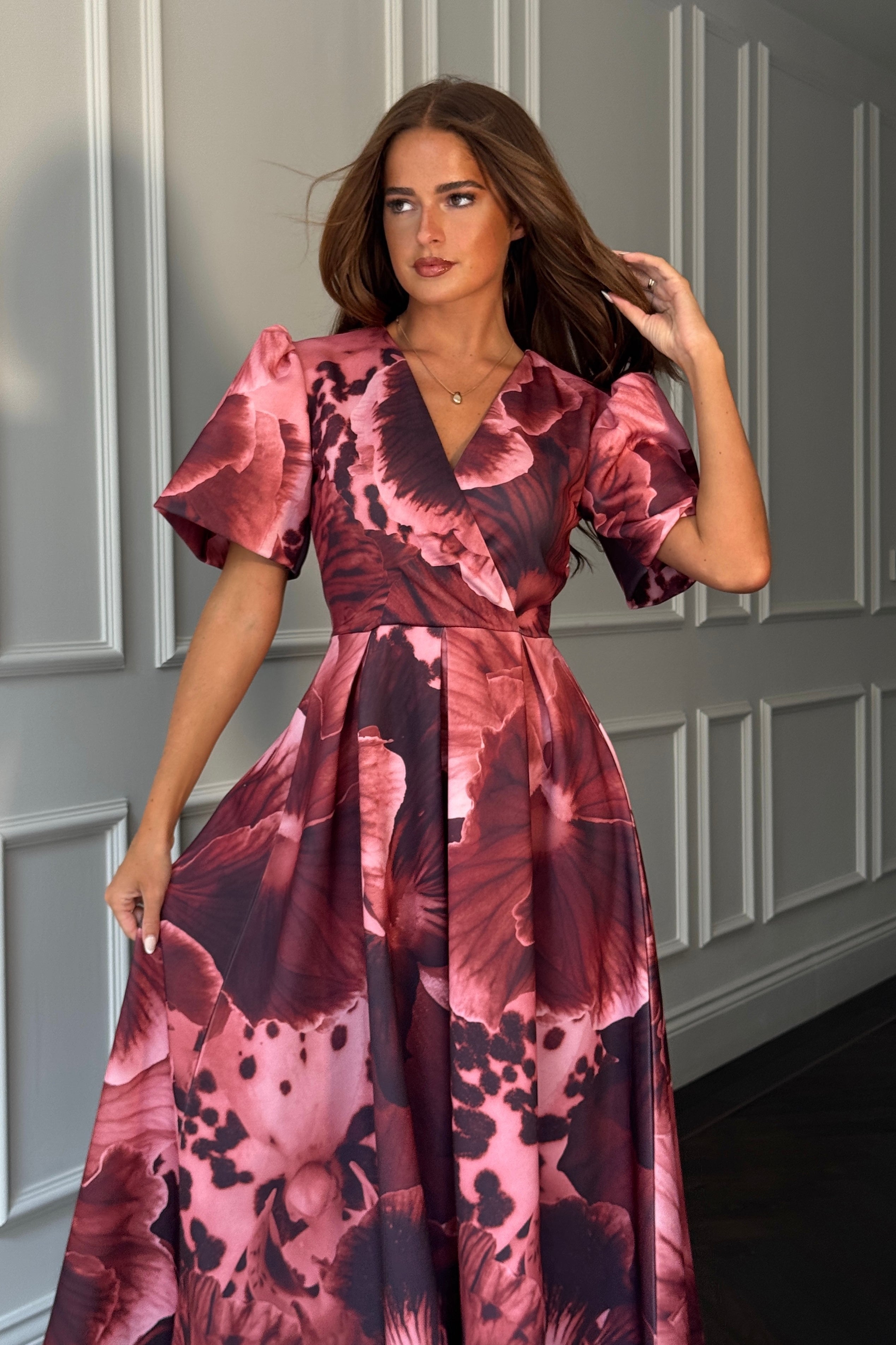 Dora Wrap Front Puff Sleeve Midi Wine Floral