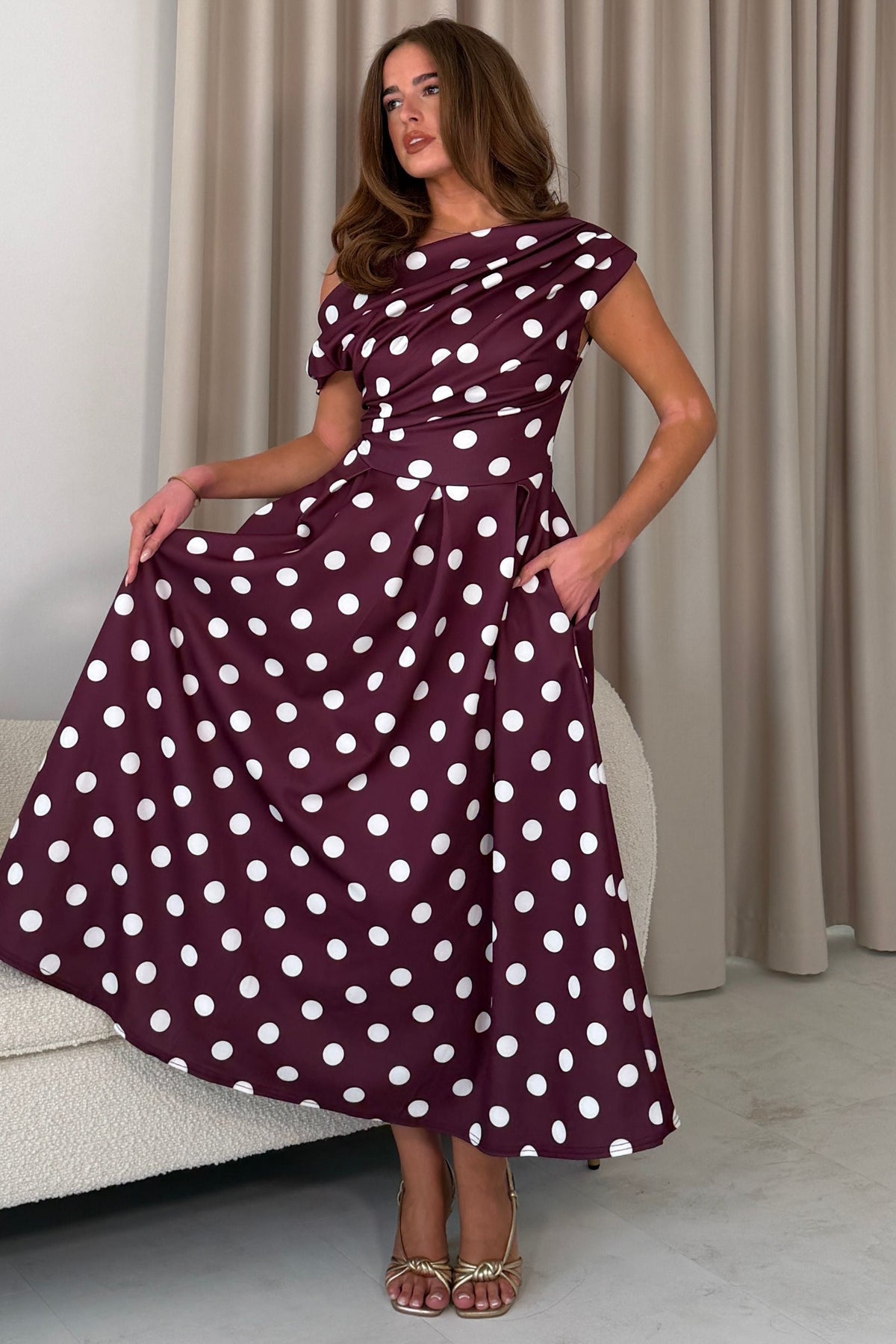 Betty Asymmetric Neckline Skater Midi Berry Polka