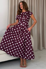 Betty Asymmetric Neckline Skater Midi Berry Polka