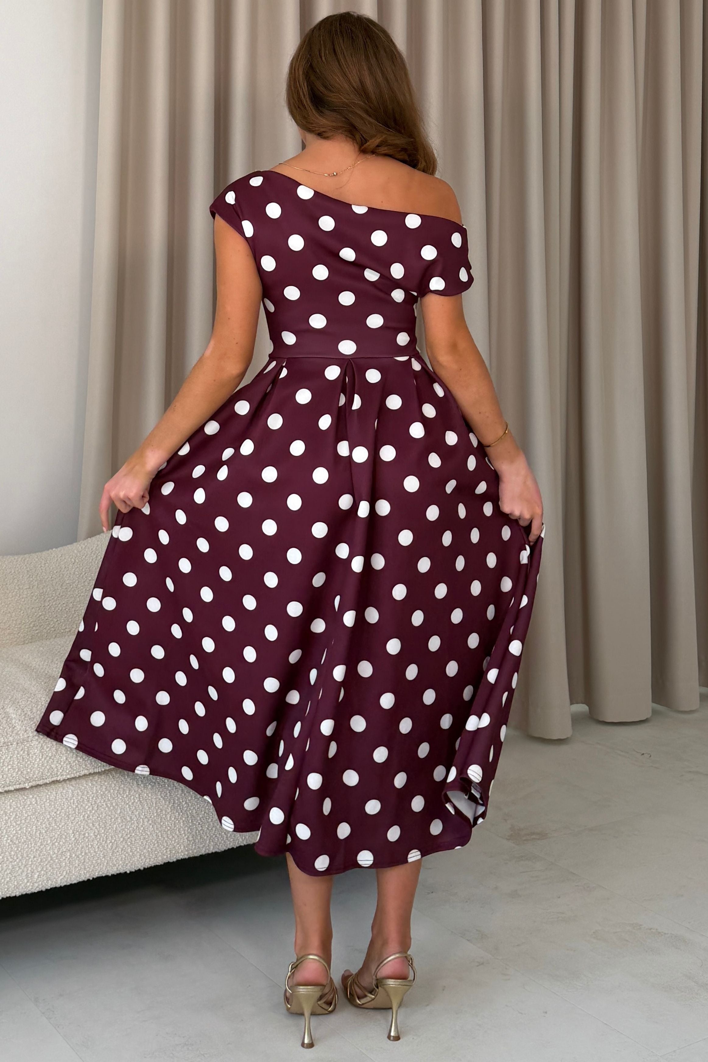 Betty Asymmetric Neckline Skater Midi Berry Polka