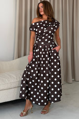 Betty Asymmetric Neckline Skater Midi Brown Polka